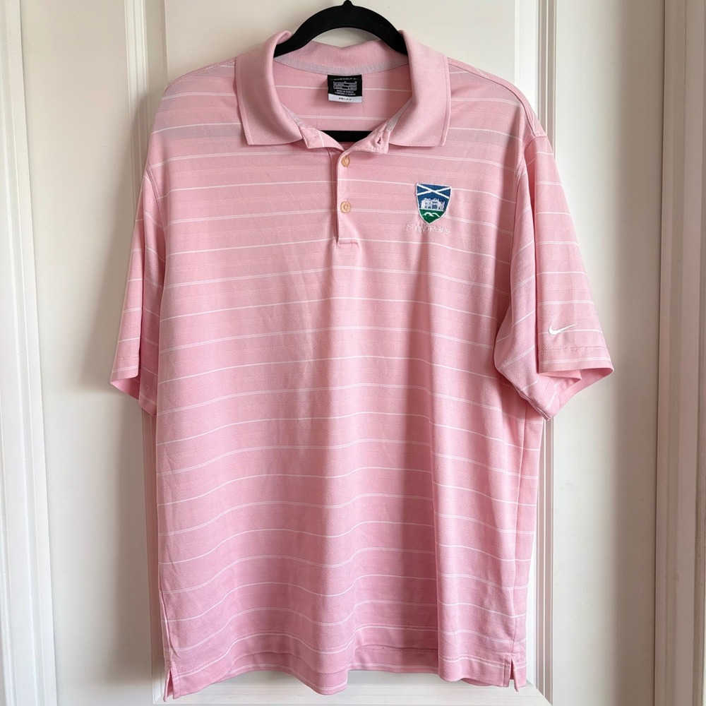 Nike‎ Golf Polo Shirt Mens L Pink Striped Dri-Fit St Andrews Links Old Course